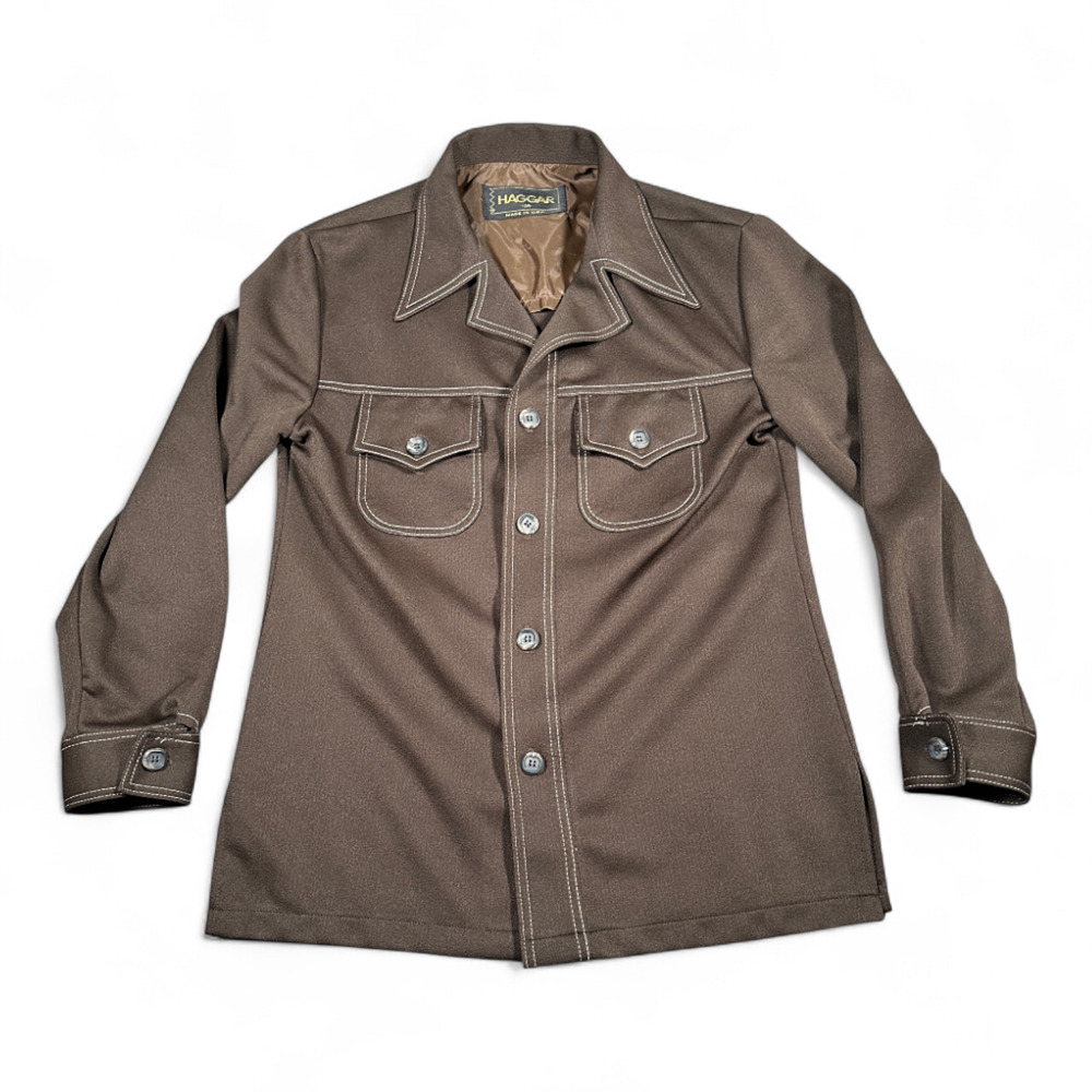 Vintage Haggar Shirt Adult SMALL Brown 38 Leisure Jacket Disco Polyester USA 70s
